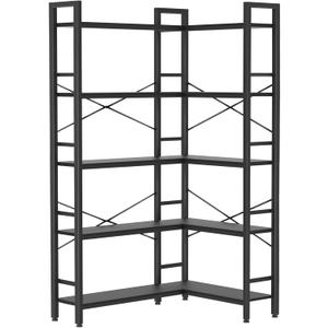 5-Shelf Corner Bookshelf, Large Open Shelf Bookcase,Black Metal Frame, L-Shaped Storage Rack with Cross Braces for Living Room Home Office