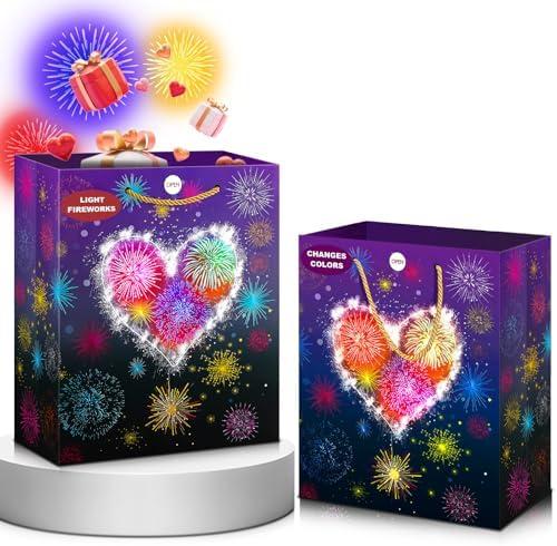 TwoTry 2 Pack Large Gift Bags with Lights and Fireworks Design - Portable Paper Bags with Handles for Birthday bag, Wedding, Mother’s Day, Party Favors, Celebrations, Pack of 3