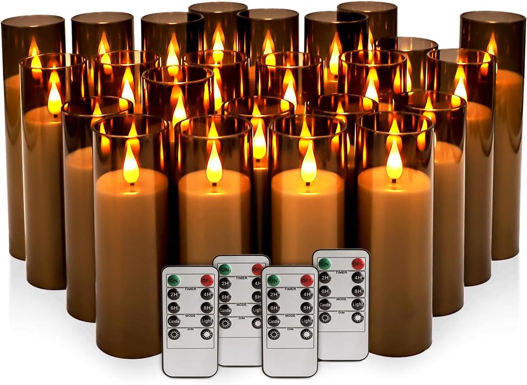 24 Pack LED Gray Flameless Candles with Remote, 3D Flickering Battery Operated Candles in Glass Holders, Safe for Weddings, Parties, Home and Outdoor Decor.