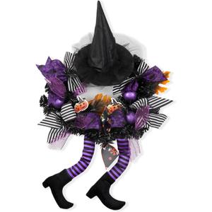 Happy Halloween Wreath for Front Door Decoration with Skeleton Artificial Bone Orange Ornaments Maple Leaf for Party Decor (Halloween Purple)