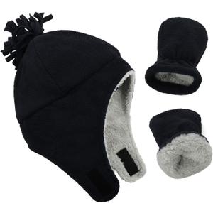 Century Star Baby Fleece Hat Warm Earflap Kids Caps Toddler Boys Winter Hat and Mitten Set (3-12 Months, 01 Black)