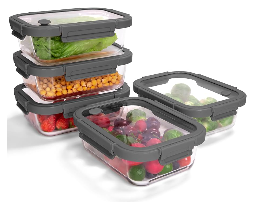 5-Pack Borosilicate Glass Containers with Tempered Lids, 35.2oz/4.4 Cup Airtight Meal Prep Set, Microwave/Freezer Safe (Gray)