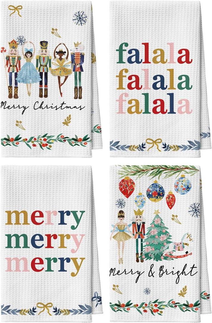 Artoid Mode Nutcrackers Xmas Balls Christmas Bar Kitchen Towels, 12x24 Inch Quick Dry Microfiber Cloth Dish Towels for Kitchen Drying Set of 4 (Beige)