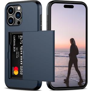 Nvollnoe Compatible with iPhone 15 Pro Max Case with Card Holder Heavy Duty Protective Dual Layer Shockproof Hidden Card Slot Slim Wallet Phone Cover for Women&Men 6.7 inch(Blue)