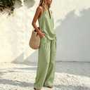 Womens Boho Linen 2 Piece Sets Summer Sleeveless Halter V Neck Tank Top Wide Leg Pants Matching Lounge Outfits 2026 (Green, XXL)