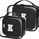Wandering Nature Clear Makeup Bags 2 Pack Personalized Initial Makeup Pouch Preppy Small Cosmetic Pouch Organizer Travel Toiletry Bag, Birthday Gifts for Girlfriend Women (Black)