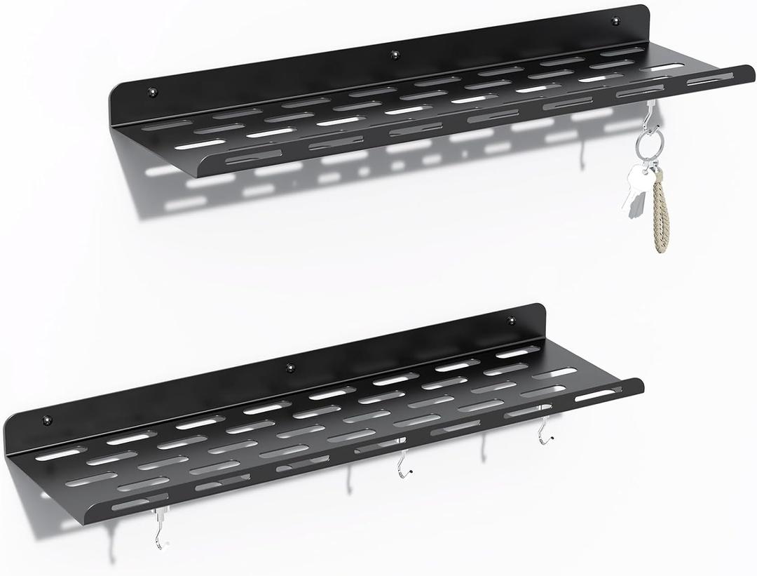 Kerisgo Floating Shelves for Wall Wall Mounted Floating Book Shelf Set of 2, 16.93'' Metal Wall Shelves with 4 Magnetic Hooks, Floating Shelf for Bedroom Decor, Kitchen, Bathroom, Living Room(Black)