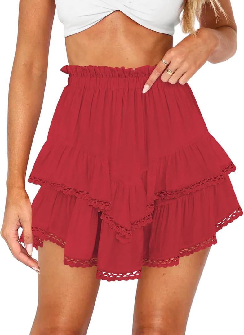 Women's High Waist Ruffle Mini Skirt Lace Trim Flowy Boho Skorts for Women Flared Tiered Golf Tennis Athletic Skirts
