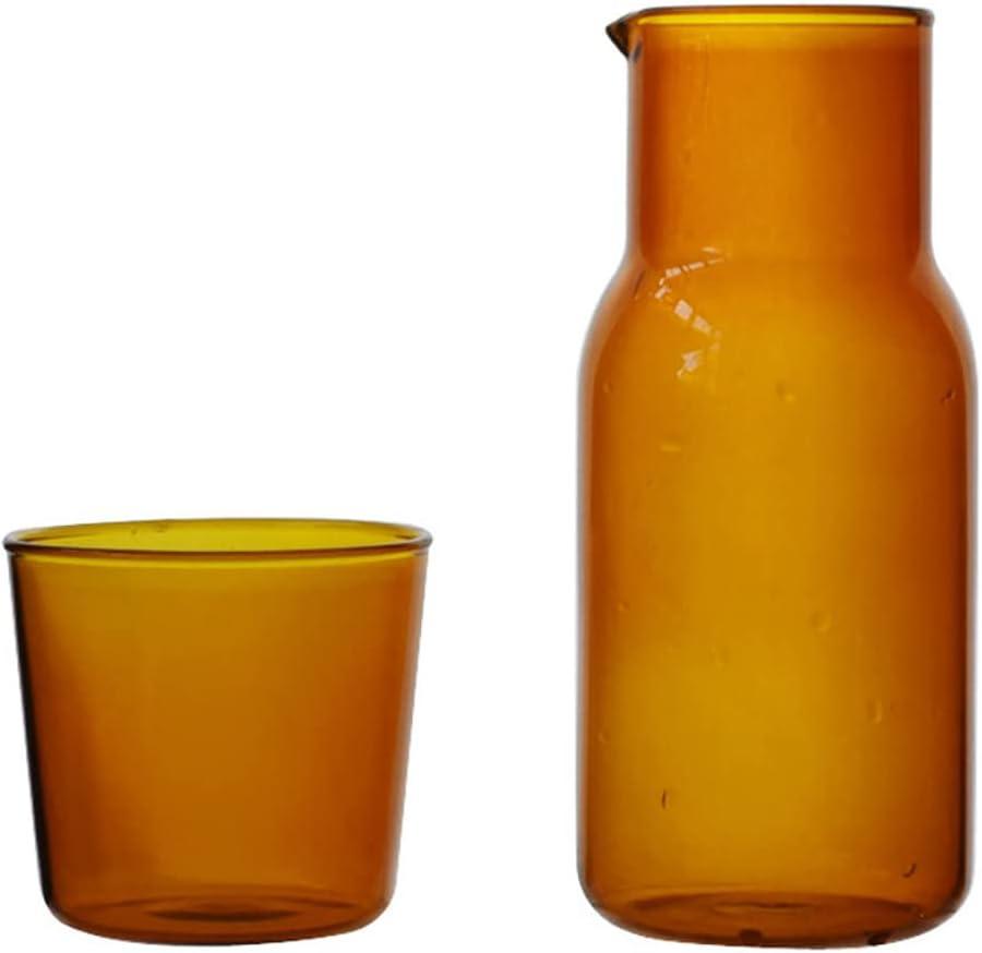 Bedside Glass Water Carafe Set with Cup, Glass Carafe with Lid Mouthwash Cups for Bedroom Bathroom Juice Wine Milk 19oz Amber