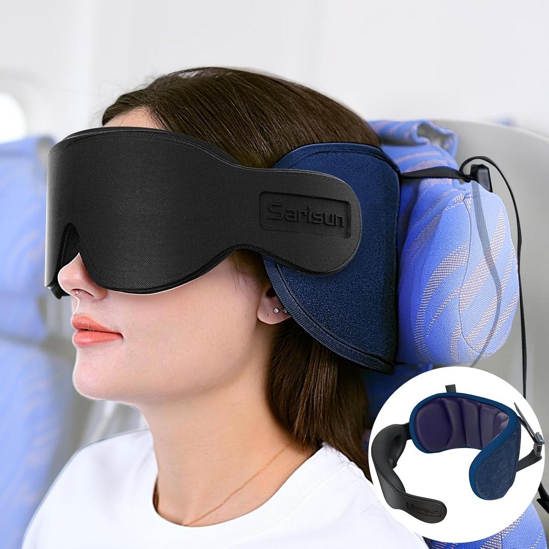 SARISUN Travel Pillows for Airplanes, Airplane Pillow with 3D Eye Mask for Sleeping, 360 Support Head Strap for Long Flights, Car, Road Trip Car Headrest, Travel Essentials Stop Bobblehead, Purple