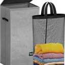 WTREE Laundry Hamper with Lid, Reinforced Sturdy Clothes Hamper with Anti-Puncture Base, Large Collapsible Laundry Basket with Removable Liner Bag, Tall Dirty Clothes Bin for Family, 100L Grey