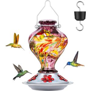 Hummingbird Feeder, BOLITE Glass Hummingbird Feeders for Outdoors Hanging, Hand Blown Twisted with Ant Moat, 5 Bee-Proof Ports, 360 Perch, Leak-Proof, 24oz, Purple, Gifts for Mom Dad Women Men