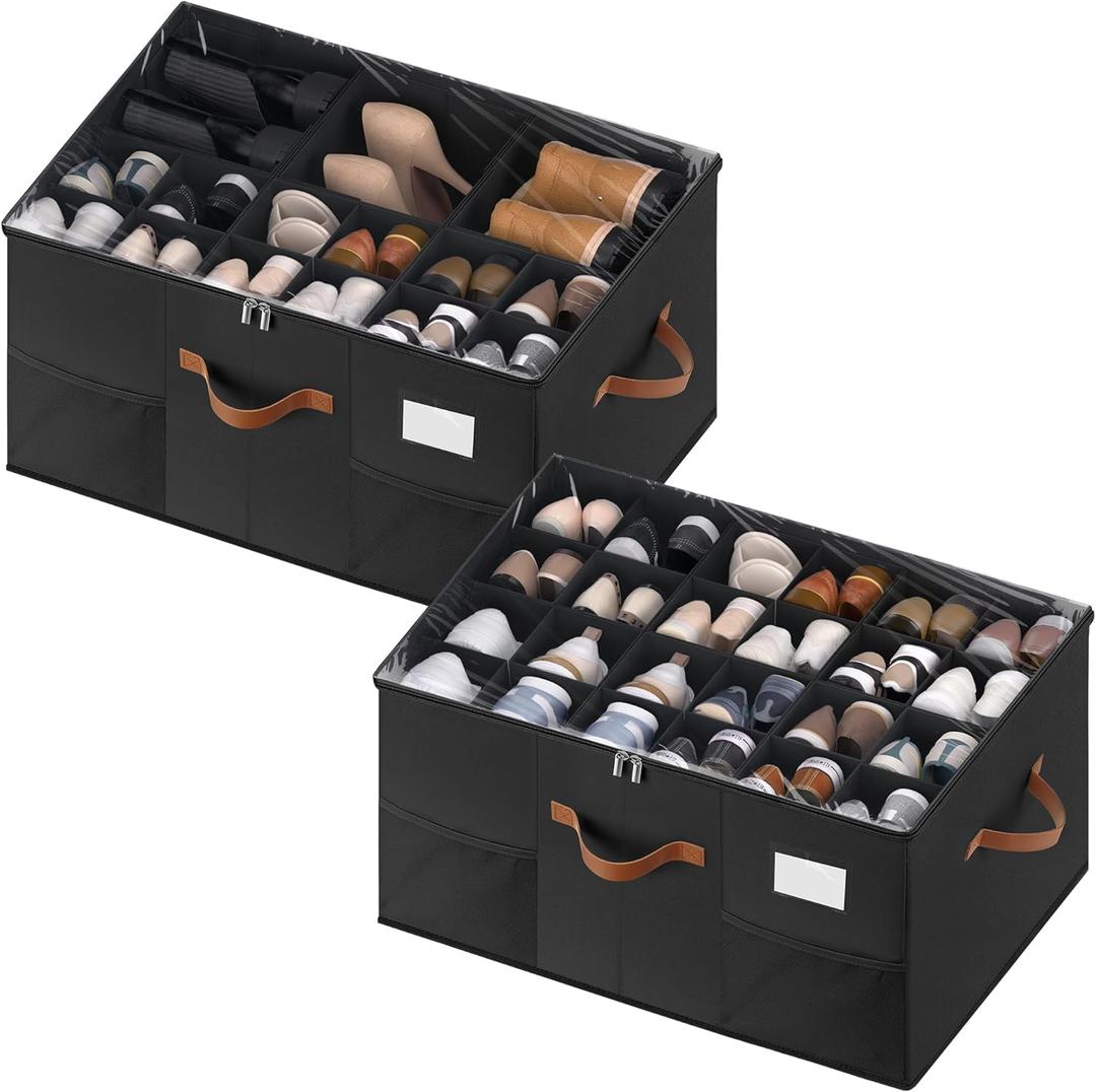 Shoe Organizer for Closet, 2 Pack Shoe Storage Containers with Adjustable Dividers, Space Saving Shoe Box Storage Organizers Bins with Clear Lid & 4 Handles, Fits 24-48 Pairs, Black