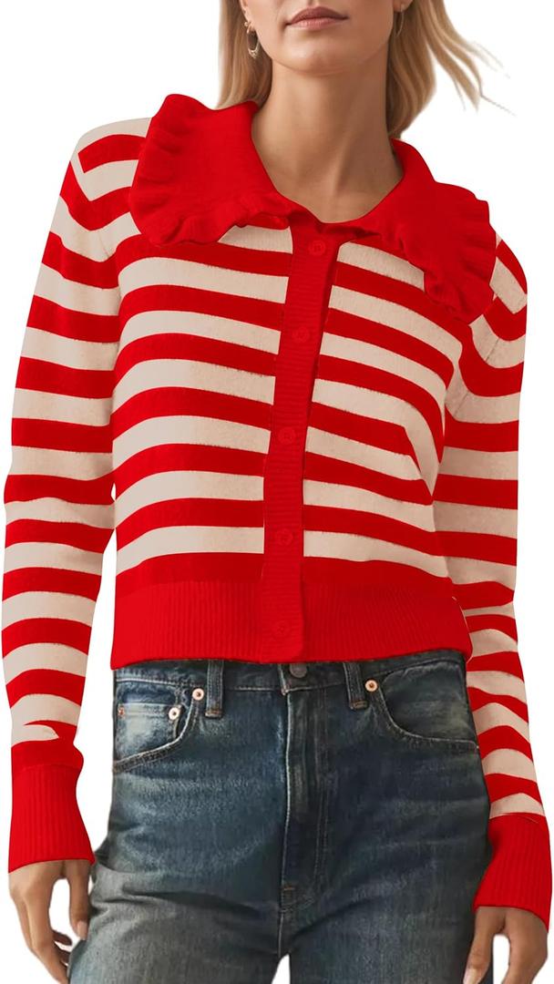 Ythomm Womens Ruffle Collar Cropped Cardigans Cute Button Down Sweaters (Red, XL)