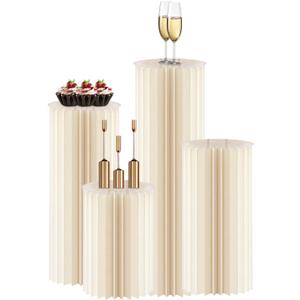 4Pack Cylinder Stands for Party, Foldable Cardboard Columns with 4 Clear Round Top Plates, Cake Display Pedestal Stand for Wedding Banquet Vendor Events Decorative