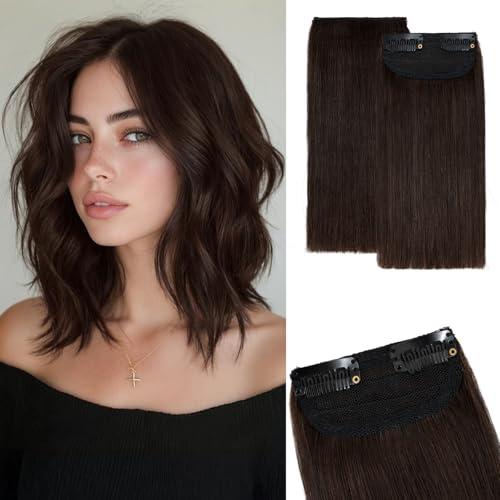 Clip in Short Hair Extensions Real Human Hair,Prokyvity Invisible Human Hair Clip in Extensions Short,8inch/2 pieces Mini Extensions for volume or highlight, Dark Brown