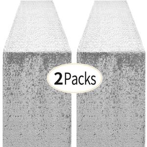 2 Packs 12 x 72 inches Silver Sequin Table Runner, Glitter Runner for Birthday Party Supplies Decorations Wedding Bachelorette Holiday Celebration Bridal Shower Baby Shower