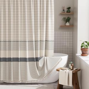 AmazerBath Boho Shower Curtain Set, Grey Shower Curtain with Tassels, Rustic Faux Linen Gray Striped Modern Farmhouse Shower Curtain with Hooks, Light Tan Toned, 72x72 Inches (Stripe Gray)