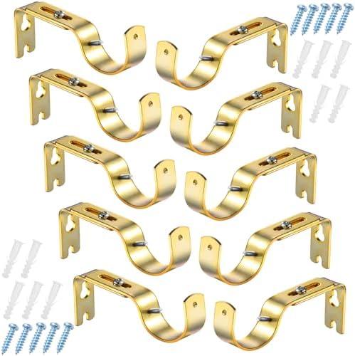 Frienda 10 Pcs Gold Electroplated Curtain Rod Support Brackets Adjustable Curtain Rod Hangers for 1 Inch Diameter General Hardware Holders Wall Bracket Hanger Hooks with Screws