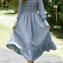 CZLFDFZ Women's 2026 Bohemian Summer Midi Dress Plaid Crew Neck Puff Sleeve Ruffle Flowy Beach Cotton Dresses Blue (S)