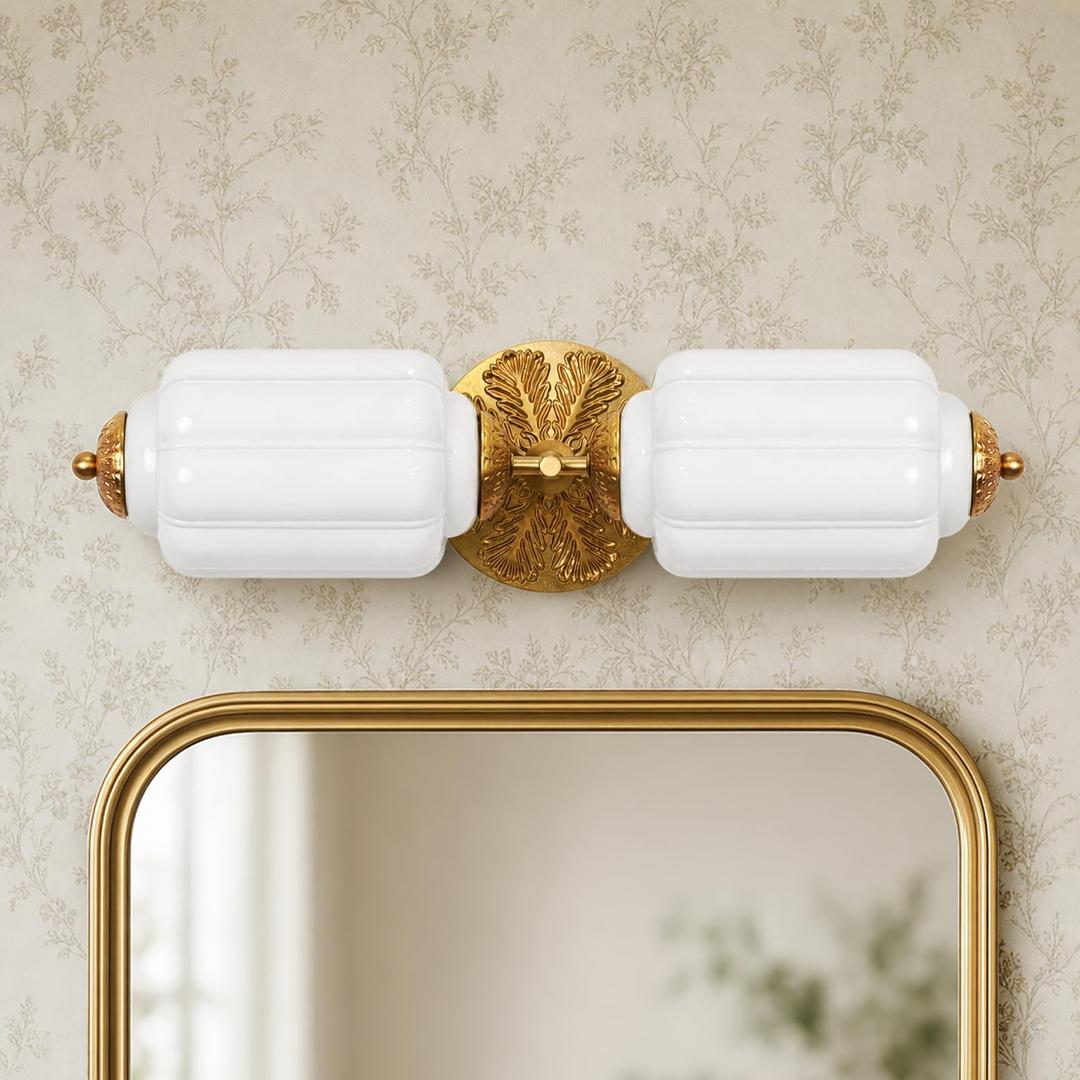 TIBAST Milk Glass Bathroom Vanity 2-Light White Wall Sconce, Vintage Brass