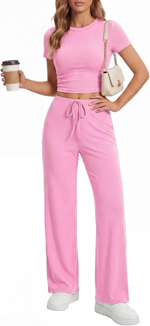 Rooscier Women's 2 Piece Outfits Lounge Sets Short Sleeve Crop Tops and Wide Leg Pants Tracksuit Sets (Pink) XSmall