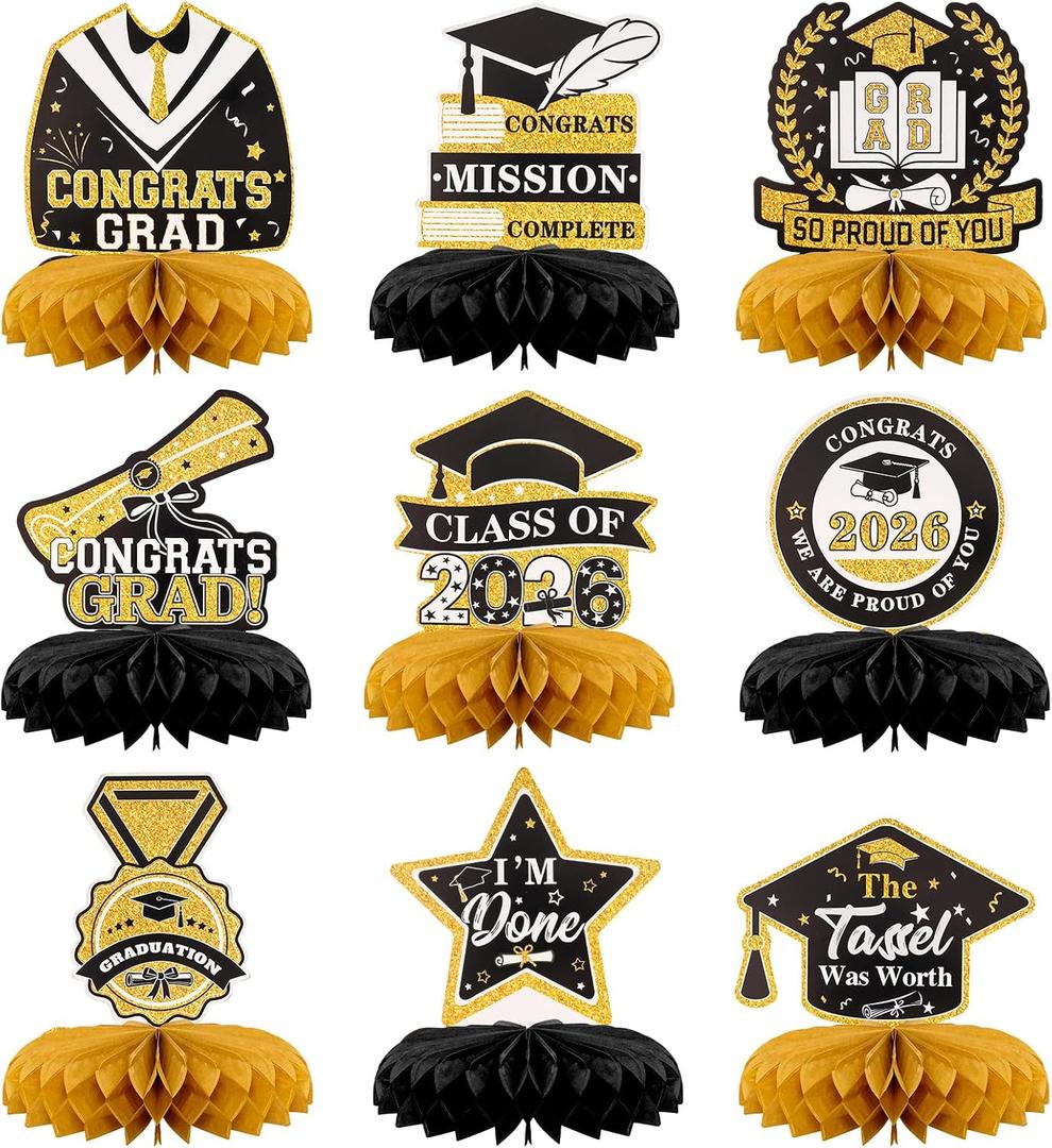 3 x 9PCS Black and Gold Graduation Decorations Honeycomb Centerpieces Graduation Decorations Class Of 2026 Table Toppers for Graduation Party Favors