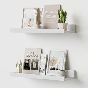 Floating Shelves for Wall, 16 inch Solid Wood Picture Ledge Shelf, Picture Shelf for Wall with Ledge, Floating Book Shelves for Living Room Bedroom Kitchen Nursery Decor, White, Set of 2