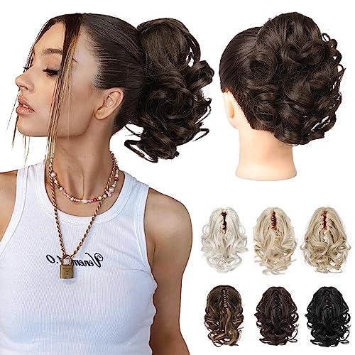 REECHO Ponytail Extension, 9" Claw Clip in Short Curly Wavy Pony Hair Extension Jaw Clip on Pony Tail HP001 Hairpiece for Women - Dark Chocolate Brown