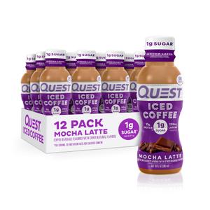 Quest Nutrition Iced Coffee, Mocha Latte, 1g of Sugar, 10g of Protein, 90 calories, 200mg of caffeine, 12 Count, BBD 11/30/2026