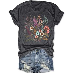 Women's Boho Flower T Shirt Vintage Flowers Printed Shirt Colorful Wildflower Graphic Tee Casual Botanical Short Sleeve (Medium, Dark Grey-2)