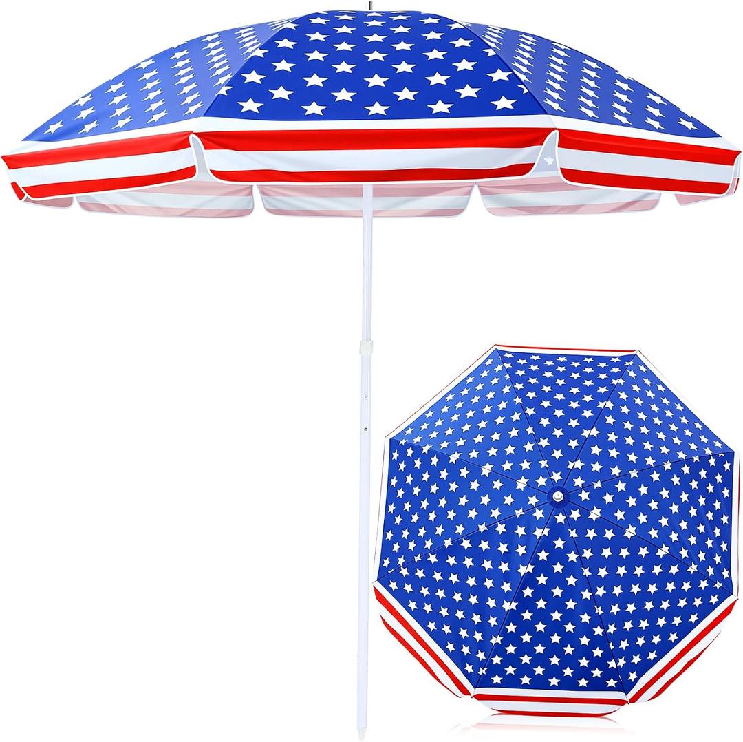 7.9ft 4th of July Patriotic Beach Umbrella Large American Flag Heavy Duty Wind Grade Red Blue White Umbrella UV 50+ for Patio Outdoor Independence Day
