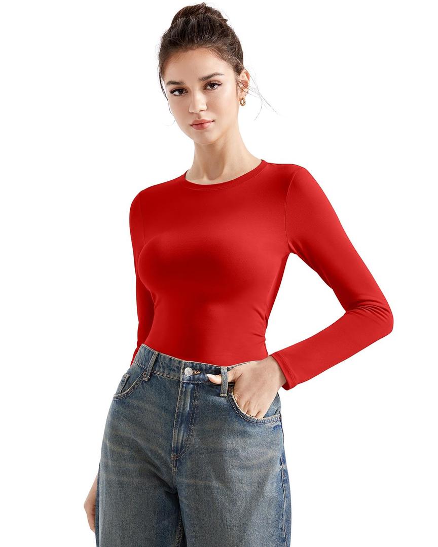 SUUKSESS Women Crew Neck Fitted T Shirts Cotton Jersey Basic Long Sleeve Crop Tops (Navy, S) (Blue, S)
