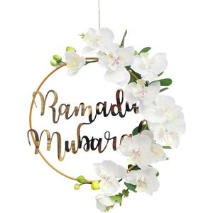 Ramadan Mubarak Wreaths Decorations, Artificial White Phalaenopsis Metal Hoop Floral Wreath, Eid Mubarak Garland Decor, for Farmhouse Door Wall Window Indoors Outdoor