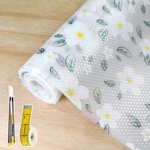 Drawer and Shelf Liner for Kitchen Cabinet,Non-Adhesive EVA Waterproof Drawer Liner for Dresser & Bathroom Vanities with Cutting Tool(12 in X 10 Ft White Cherry Blossom)