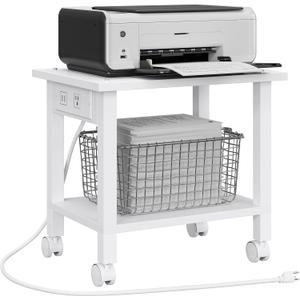 TUTOTAK 2 Tier Printer Stand, Rolling Printer Cart with Power Outlets and USB Ports, Mobile Printer Table with Wheels, for Under Desk, Office, Home, White PS01BW001