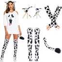 4Pcs Womens Cow Ears Headband & Tail Costume Set, Cows Print Arm Sleeves & Socks for Halloween Adults Cosplay Accessories (Black & White) (Black)