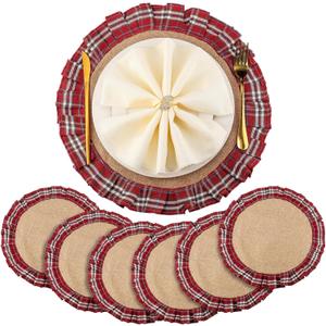 6 Set Round Christmas Plaid Placemats 15.7 Inch Christmas Checkered Tartan Table Mats Xmas Faux Burlap Fabric Table Mats for Xmas Holiday Dinner Party Decoration (Red White)