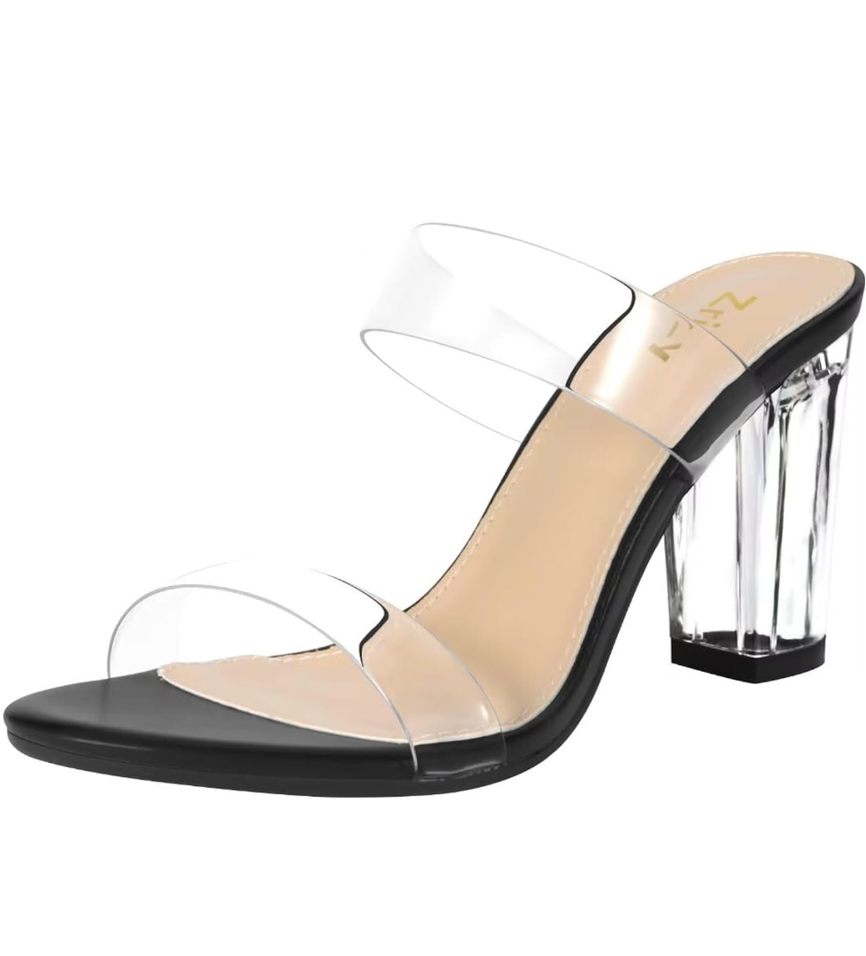 ZriEy Women's Chunky Block Open Toe Mid High Heeled Sandals Two Strap Slip on Heels Slide Sandals for Party Wedding Dress Dating Daily Pumps Shoes, 8.5