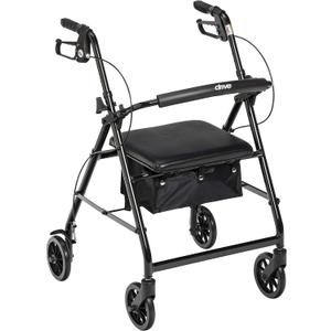 Drive Medical Aluminum Rollator Walker - Fold Up & Removable Back Support - Padded Seat - 6 Inch Wheels - Lightweight Portable Design - Indoor Outdoor Mobility Aid - Black