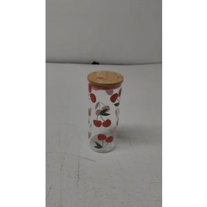 Creative Brands Bella Mon Cheri Red Cherry Pattern 20 ounce Glass Bamboo Drinking Smoothing Travel Tumbler with Straw