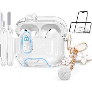 with Safety Lock for AirPods Pro 3 Case 2025, Clear Cases with Phone Stand & Cleaning Kit, Soft TPU Cover for Airpods Pro 3rd Generation Case, Cute Bling Keychain for Women Girls-Glitter White