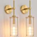 Modern Brass Wall Sconce,18" Gold Wall Sconces Set of Two,Bathroom Vanity Light Fixtures with Vertical Striped Glass Tube,Wall Light for Bedroom,Living Room,Hallway,Staircase,Mirror (2-Pack)
