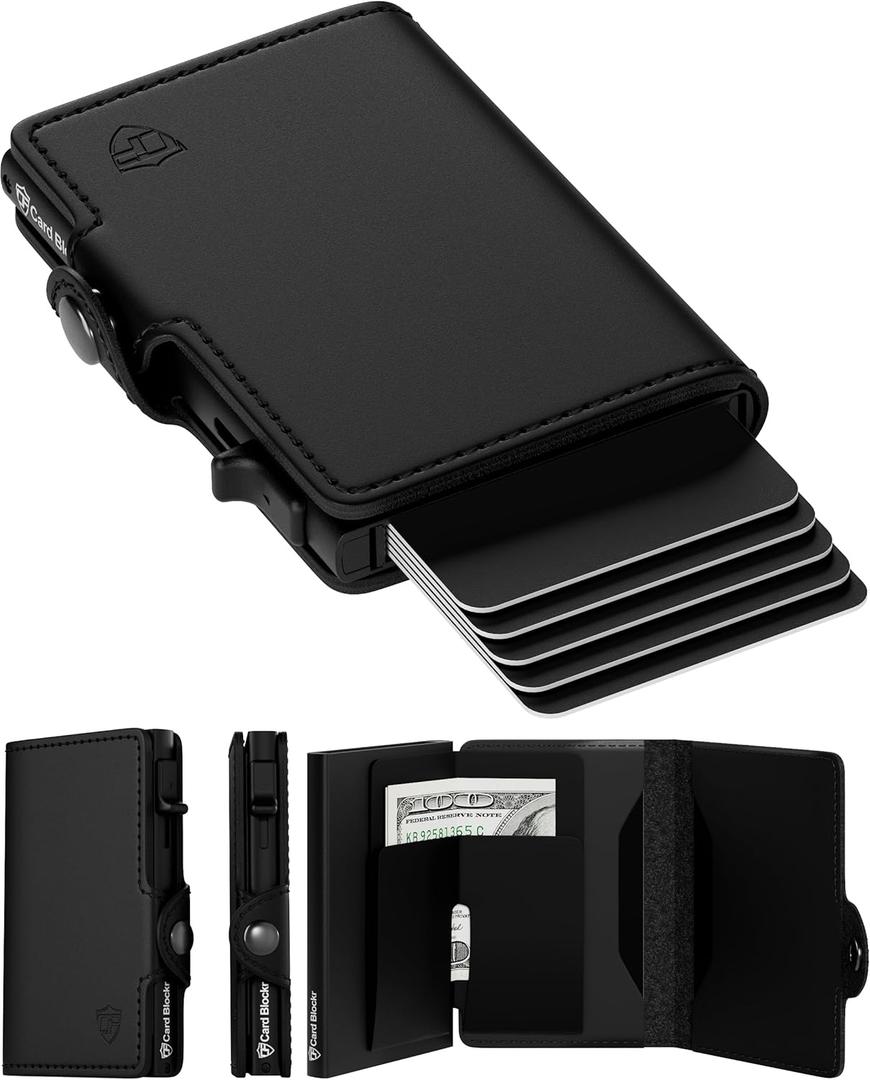 Conceal Plus Mens Wallet Card Holder, Smart Pop Up RFID Blocking Wallet, Slim Minimalist Leather Front Pocket Card Case, 6-10 Card Capacity Plus Cash Slot & ID (Black Genuine Leather)