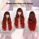 BOGSEA Red Wigs with Bangs Long Wavy Red Wig for Women Ombre Red Wigs with Bangs Synthetic Heat Resistant Fiber Wigs for Daily 26 Inch