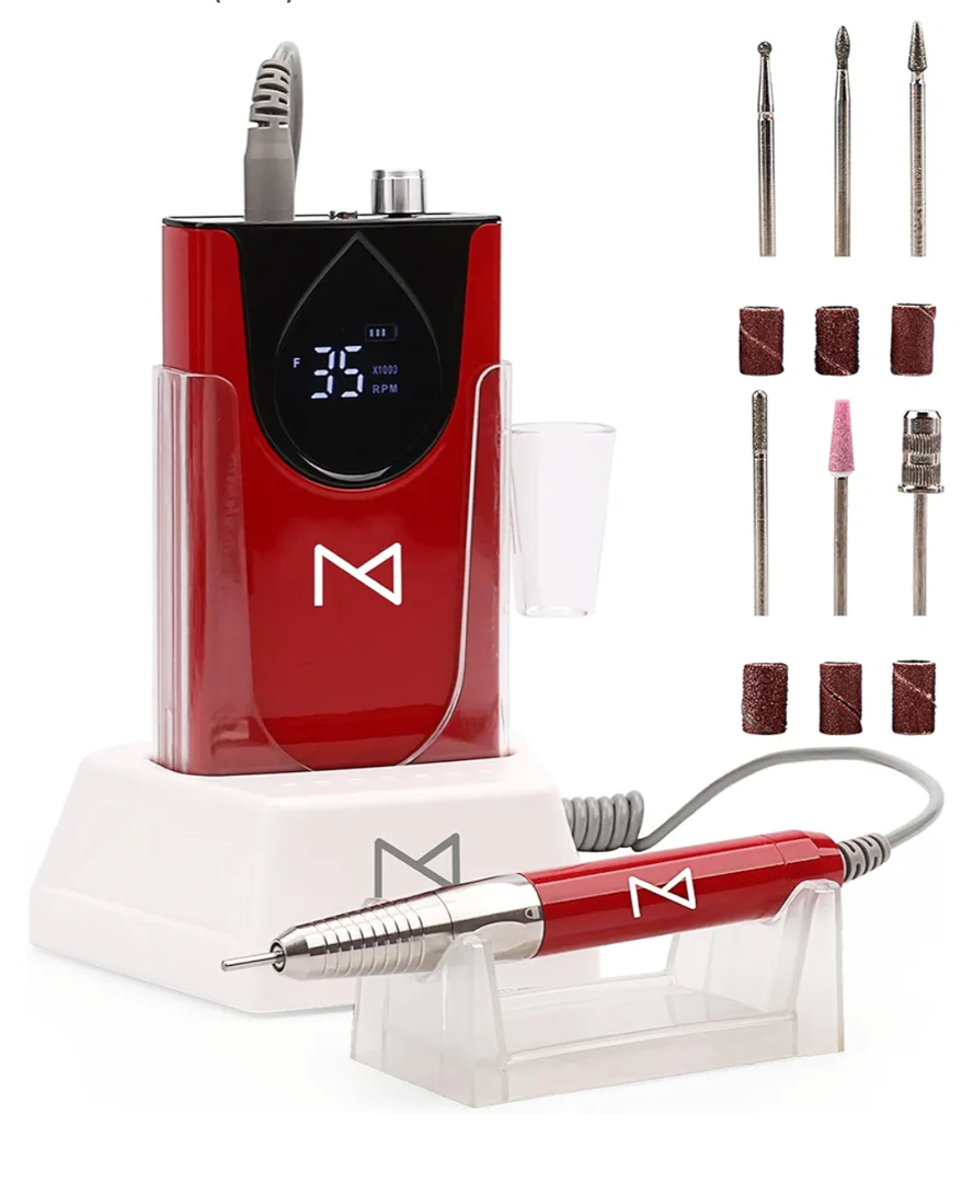 M Max - Nail Drill Professional - 2-in-1 Brushless Motor Nails Drill Machine - Electric, Cordless, Aluminium Alloy Casing, 35000 RPM, HD Display - Perfect for Salon & Home Use (Red)