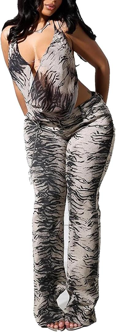 Womens Sexy Club Outfit Zebra Print Backless V Neck Top Flared Pant 2 Piece Set Mesh Y2K Party Clubwear for Women (Large)