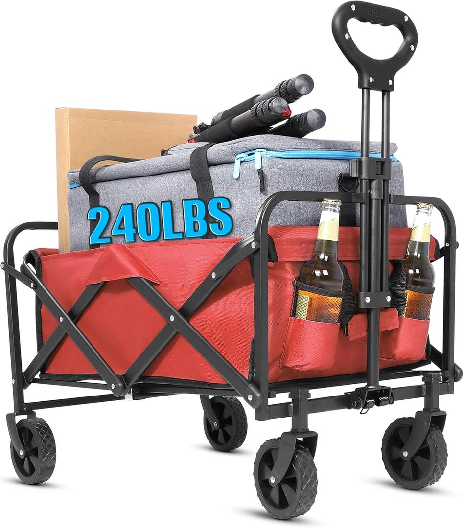 Wagons Carts Foldable,Collapsible Folding Outdoor Utility Wagon for Outdoor,Sports,Garden,Camping,and Shopping,Heavy Duty,Large Capacity(Red).
