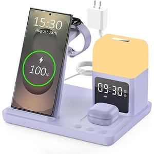 Wireless Charger for Samsung/Android Charging Station, 6 in 1 Fast Watch Charger with Alarm Clock-Night Light, Compatible for Galaxy S25 Ultra/S24, Only for Samsung Watch8/7, Galaxy Buds3 Pro(Black) (Coal)