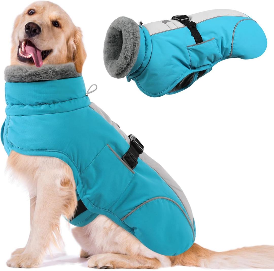 Queenmore Dog Cold Weather Coats, Fleece Collar Dog Apparel for Cold Weather, Pet Snowsuit, Cozy Winter Jackets for Large Breeds with Quick Release, Blue, XXL